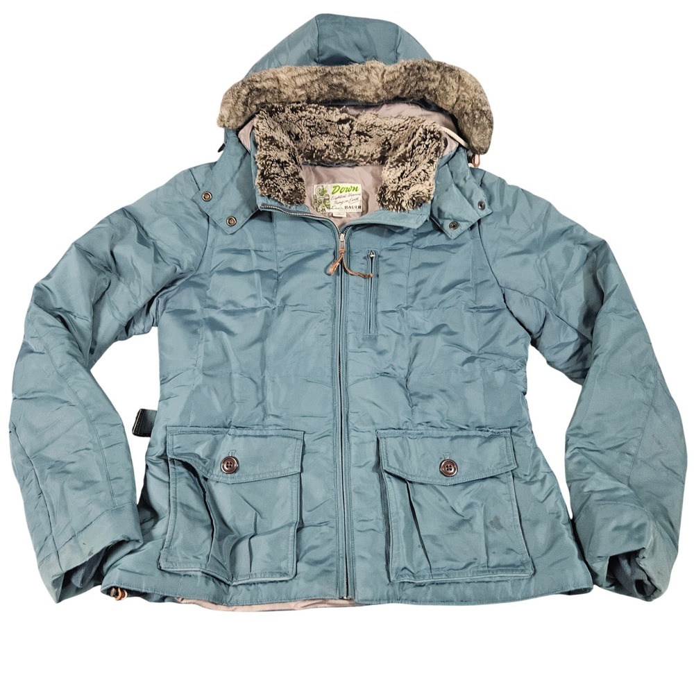 Eddie Bauer Yukon Down Parka Large Blue 550 Fill Faux Fur Hood Goose Down